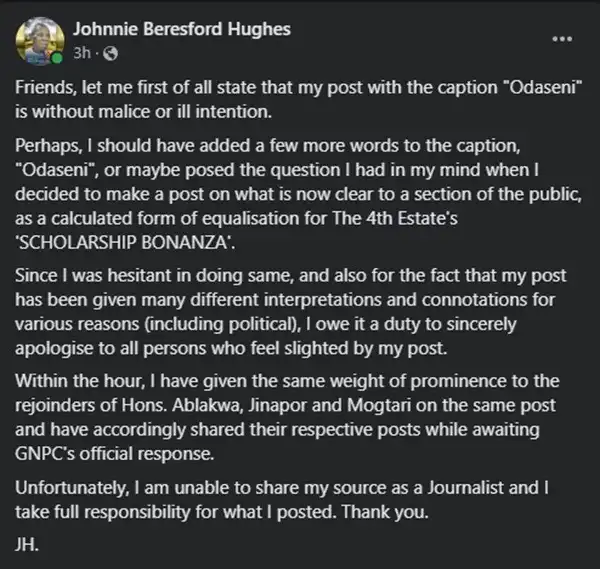 Jonnie Hughes apologies to ablakwa