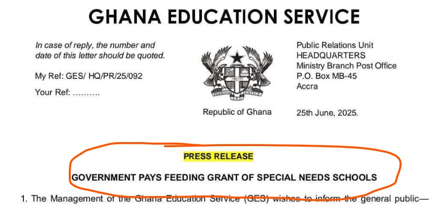 Govt Releases Over GH₵8m Feeding Grant to Special Needs Schools