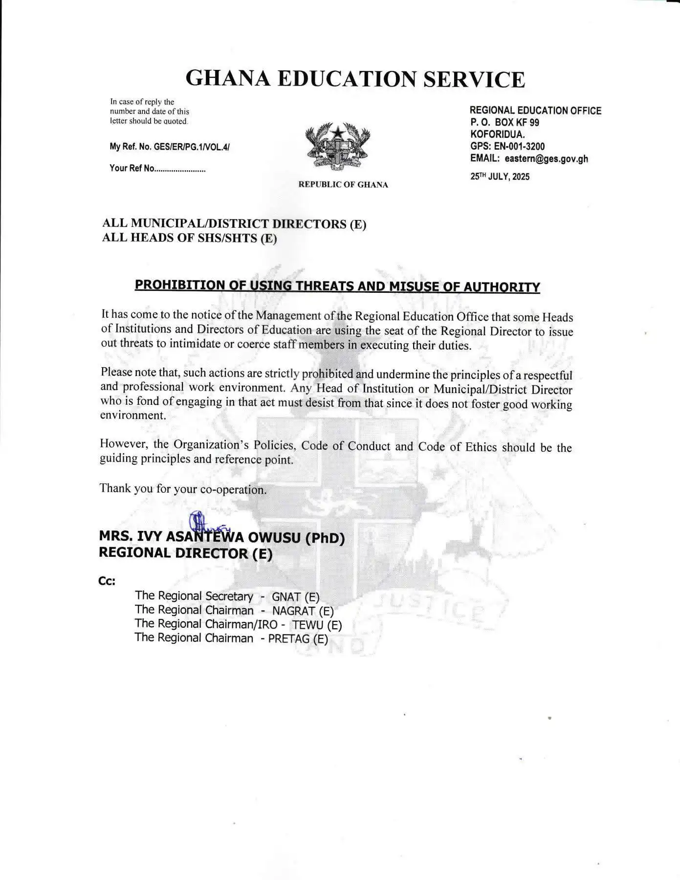 GES Warns Heads and Directors