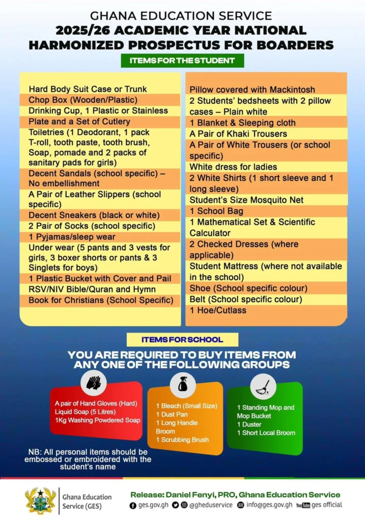 Ghana Education Service (GES) has released the 2025/26 Harmonized Prospectus for SHS1 Boards and Day Students