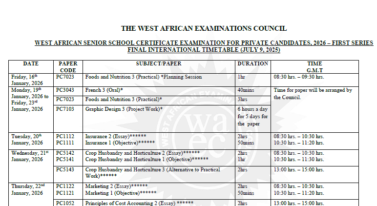 Download WASSCE 2026-PC First Series Exam Timetable for Jan/Feb