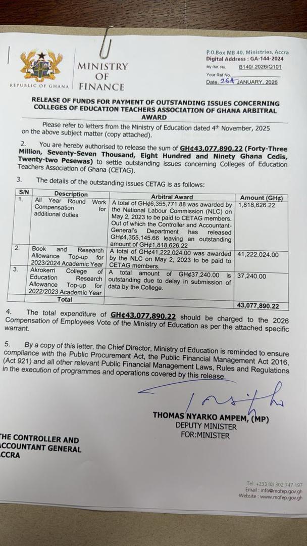 Government Releases GH¢43 Million to Settle CETAG Arrears 