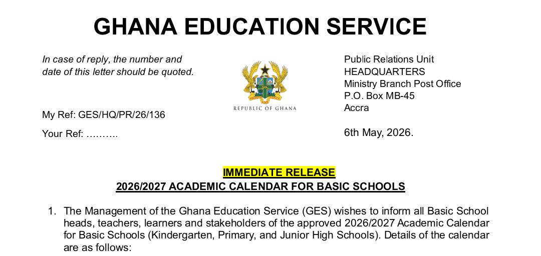 GES Releases 2026/2027 Academic Year Calendar and 2027 BECE Date