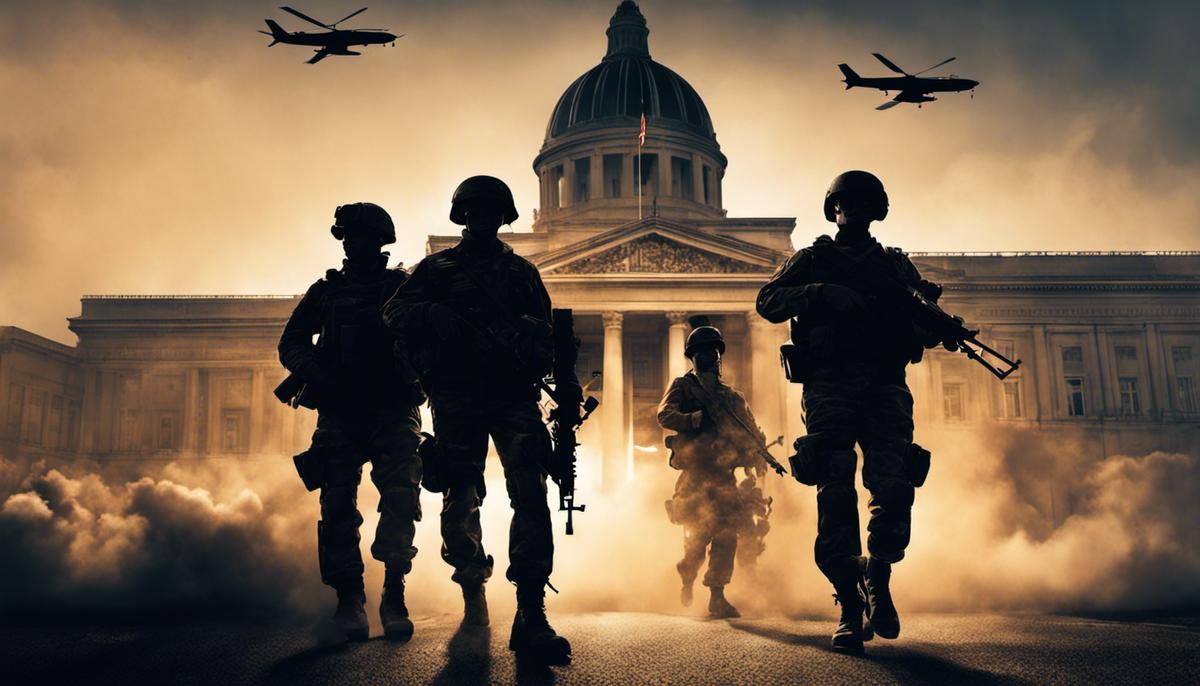 Image illustrating the concept of coups, depicting a silhouette of soldiers taking over a government building.