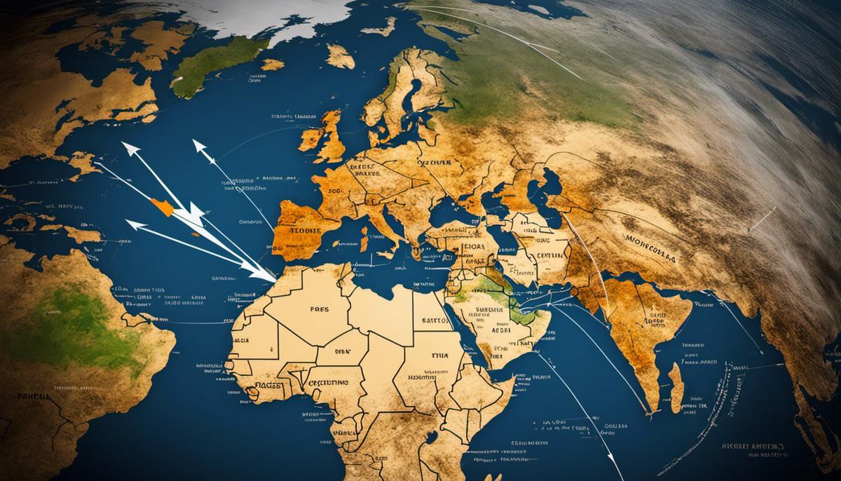 Image depicting an African continent with multiple arrows representing political, economic, and social change.